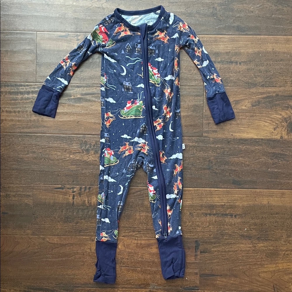Little Sleepies Navy zip pajamas with Santa and Sleigh Print